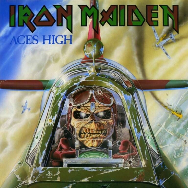 Eddie the Head pilotando un avión de combate en la portada del single Aces High (1984) de Iron Maiden.