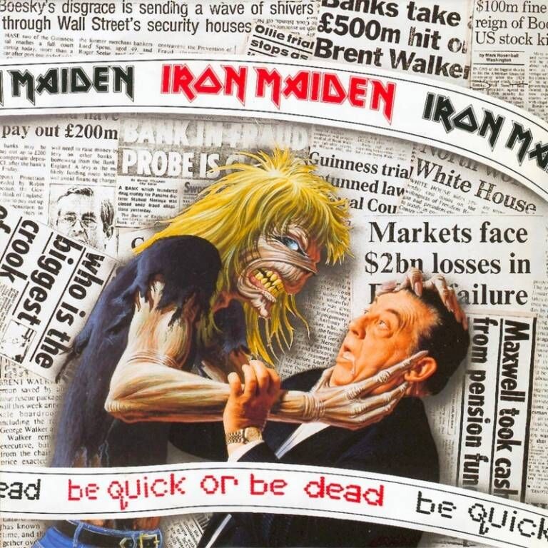 Eddie atacando a un hombre de negocios sobre titulares de periódicos en la portada del single Be Quick or Be Dead (1992) de Iron Maiden.