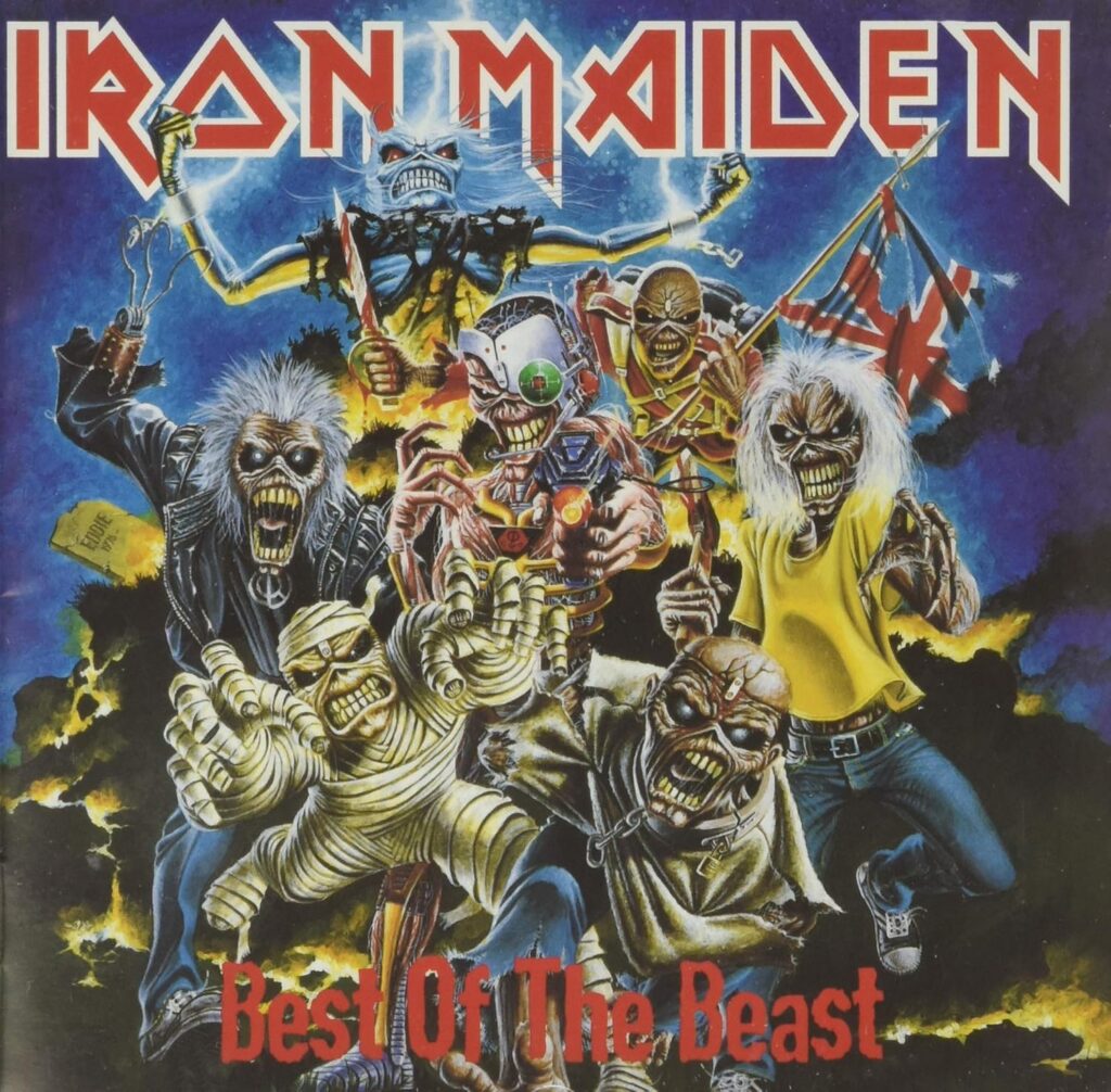 Portada del recopilatorio Best of the Beast (1996) de Iron Maiden con varias versiones de Eddie reunidas.