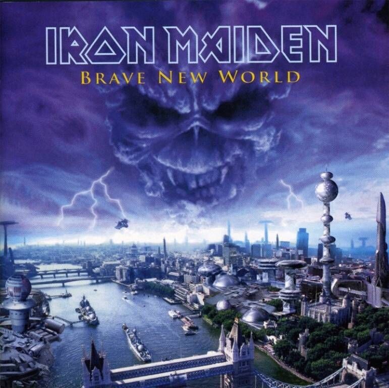Ciudad futurista con el rostro de Eddie formado en las nubes en la portada del álbum Brave New World (2000) de Iron Maiden.