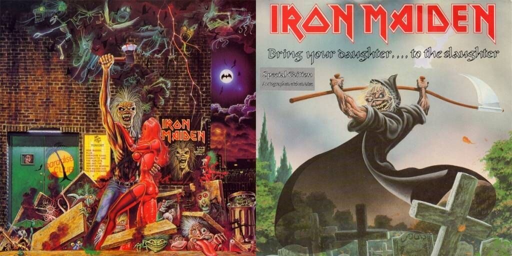 Portadas del single Bring Your Daughter… to the Slaughter (1990) de Iron Maiden con dos ilustraciones de Eddie: una escena violenta frente al club Paradise y otra en la que aparece como una figura similar a la Parca con una guadaña en un cementerio.