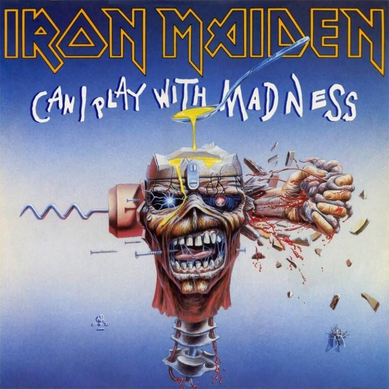 Cabeza mecánica de Eddie en la portada del single Can I Play with Madness (1988) de Iron Maiden.