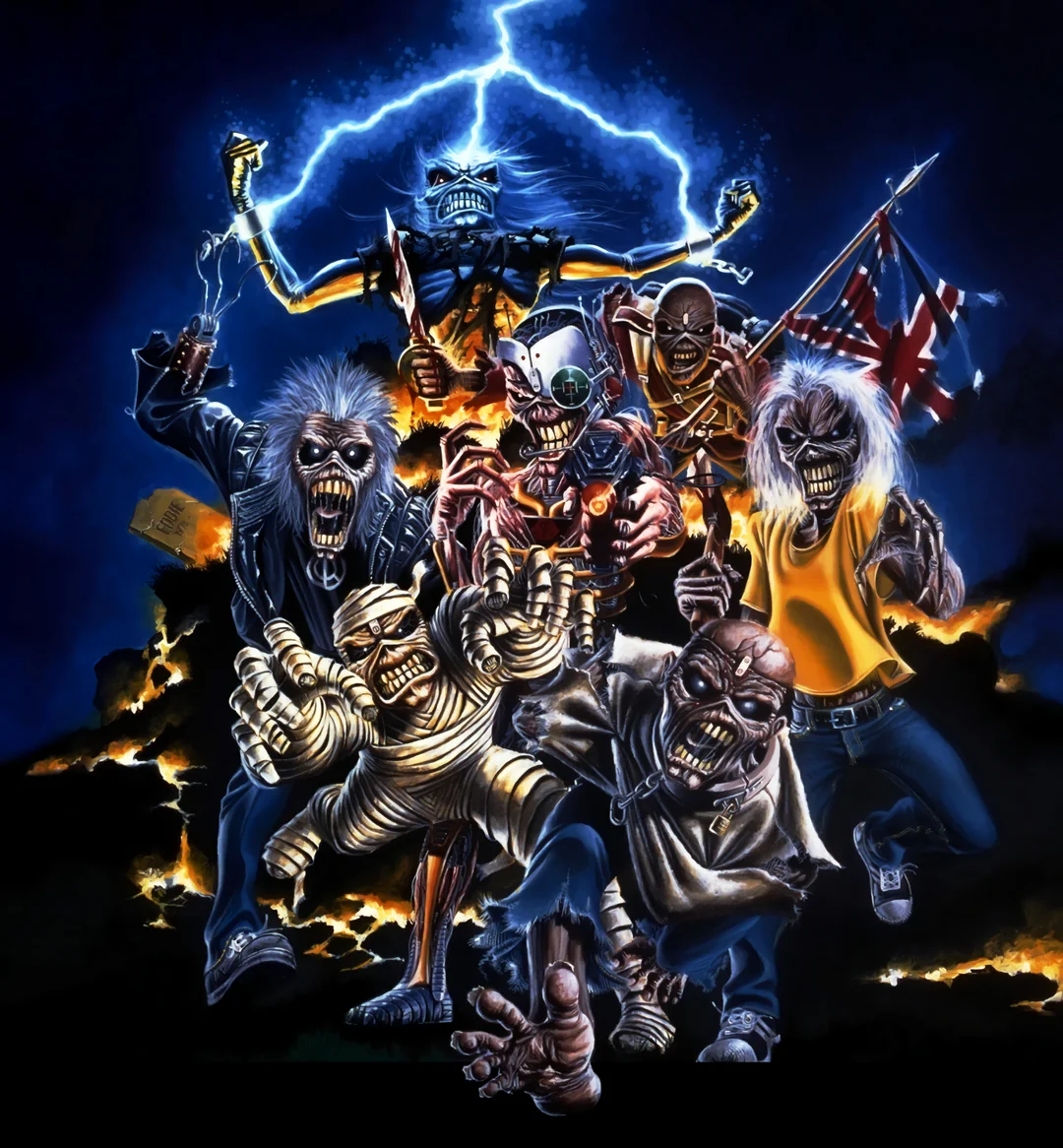 Varias versiones de Eddie, la mascota de Iron Maiden, representadas juntas con diferentes encarnaciones del personaje del heavy metal.