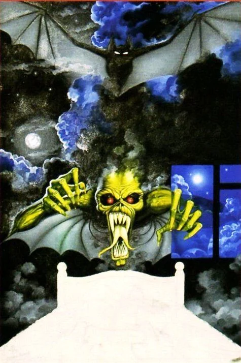 Boceto no utilizado de Derek Riggs para Fear of the Dark con Eddie apareciendo sobre una cama.