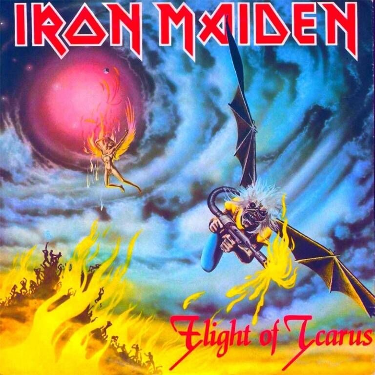 Eddie the Head volando con alas mecánicas en la portada del single Flight of Icarus (1983) de Iron Maiden.