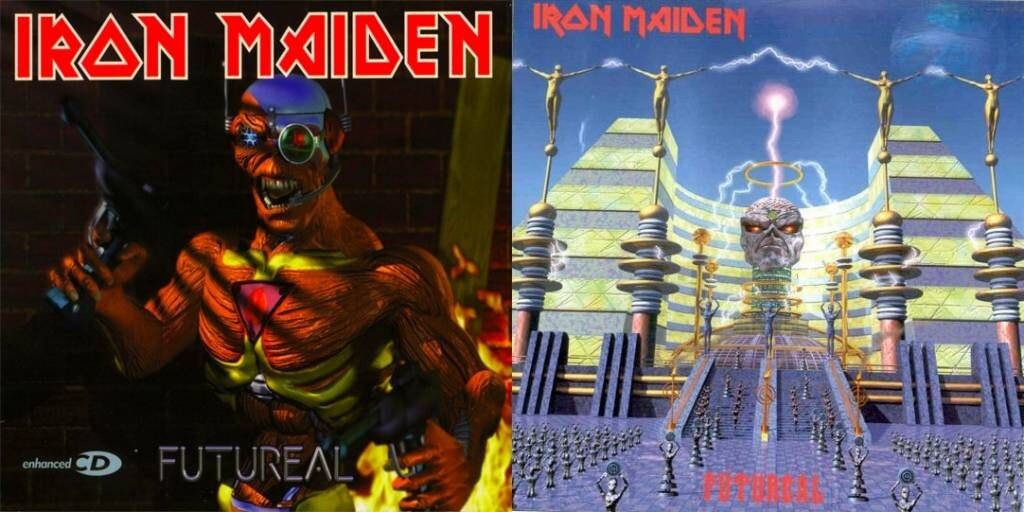 Dos portadas del single Futureal (1998) de Iron Maiden con representaciones futuristas de Eddie, una versión cibernética y otra en un complejo tecnológico.