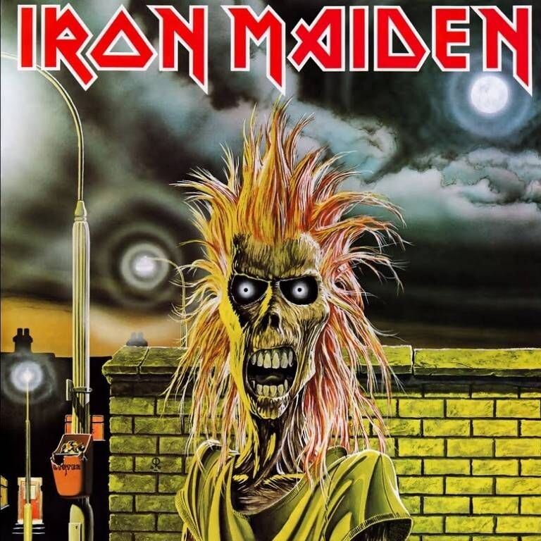 Eddie the Head en la portada del álbum Iron Maiden (1980), primera aparición del personaje creado por Derek Riggs para la banda británica de heavy metal Iron Maiden.