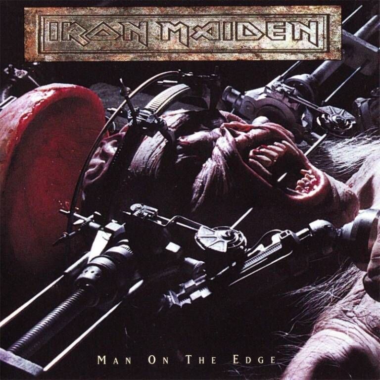 Eddie sometido a una máquina experimental en la portada del single Man on the Edge (1995) de Iron Maiden.