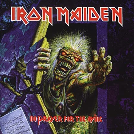 Portada del álbum No Prayer for the Dying (1990) de Iron Maiden con Eddie emergiendo de una tumba.