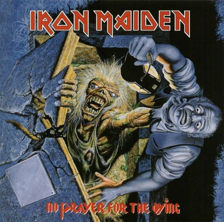 Eddie saliendo de una tumba y atacando a un sepulturero en la portada de No Prayer for the Dying (1990) de Iron Maiden.
