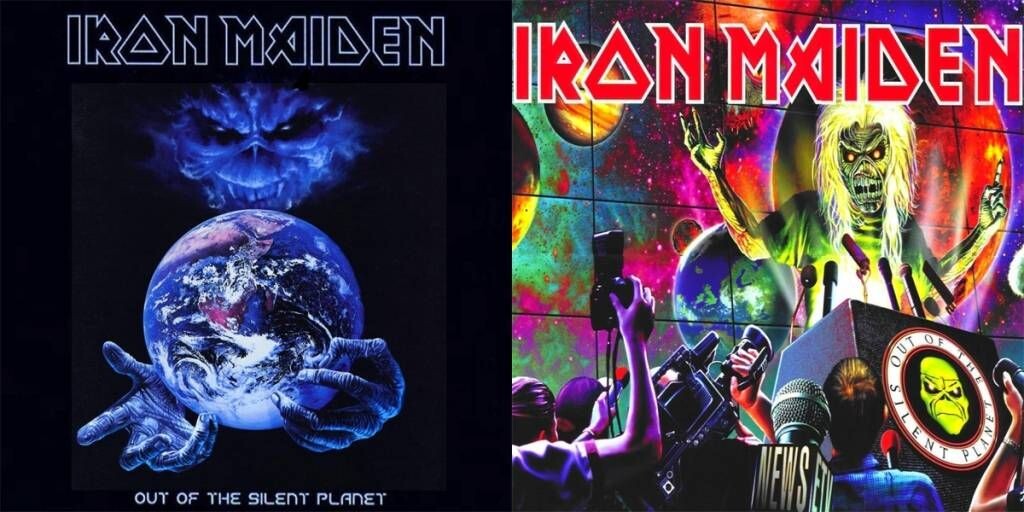 Dos portadas del single Out of the Silent Planet (2000) de Iron Maiden con Eddie dominando el planeta Tierra y dando un discurso ante la prensa.