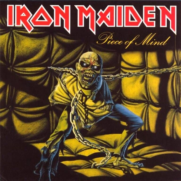 Eddie the Head encadenado en la portada del álbum Piece of Mind (1983) de Iron Maiden.