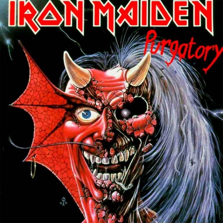 Eddie the Head mitad demonio en la portada del single Purgatory (1981) de Iron Maiden.