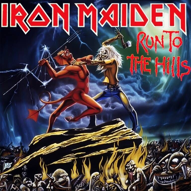 Eddie the Head luchando contra el demonio en la portada del single Run to the Hills (1982) de Iron Maiden.