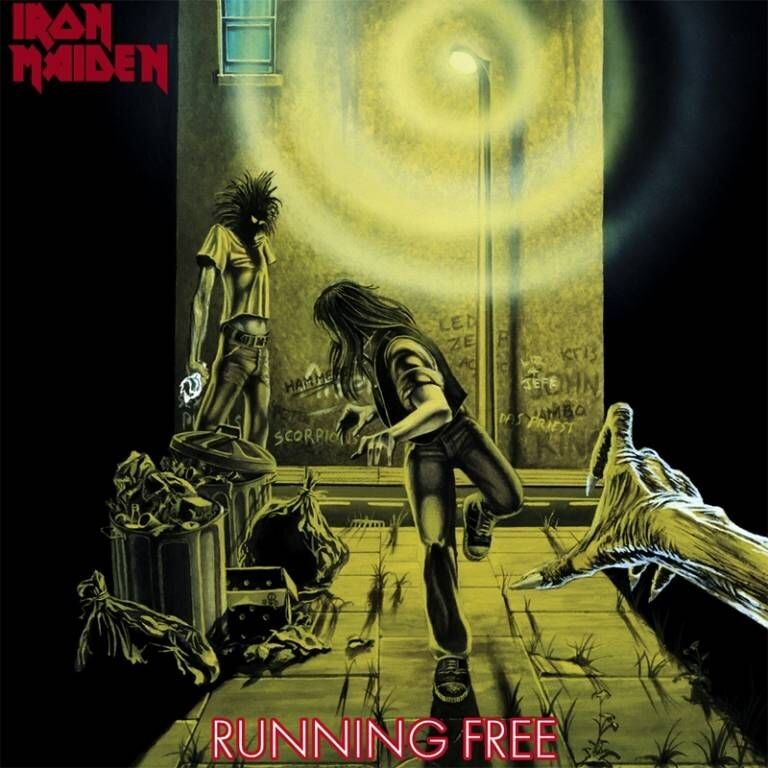 Eddie the Head en la portada del single “Running Free” (1980) de Iron Maiden, una de las primeras ilustraciones del personaje creadas por Derek Riggs.