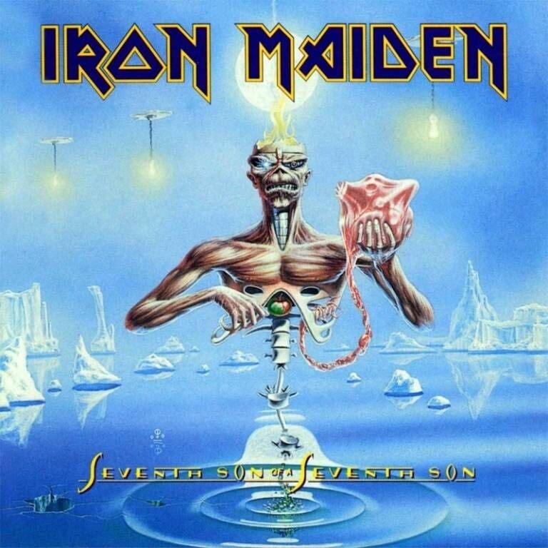 Eddie flotando sobre un paisaje helado en la portada del álbum Seventh Son of a Seventh Son (1988) de Iron Maiden.