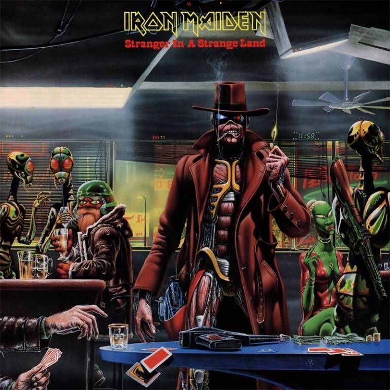 Eddie como pistolero cyborg en la portada del single Stranger in a Strange Land (1986) de Iron Maiden.