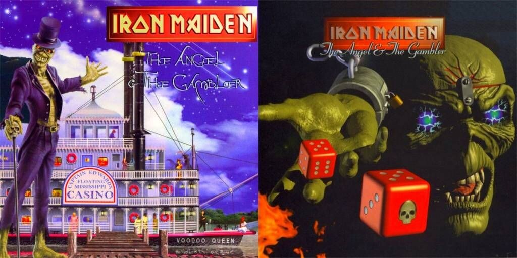 Dos portadas del single The Angel and the Gambler (1998) de Iron Maiden con Eddie como jugador y con dados en una escena de apuestas.