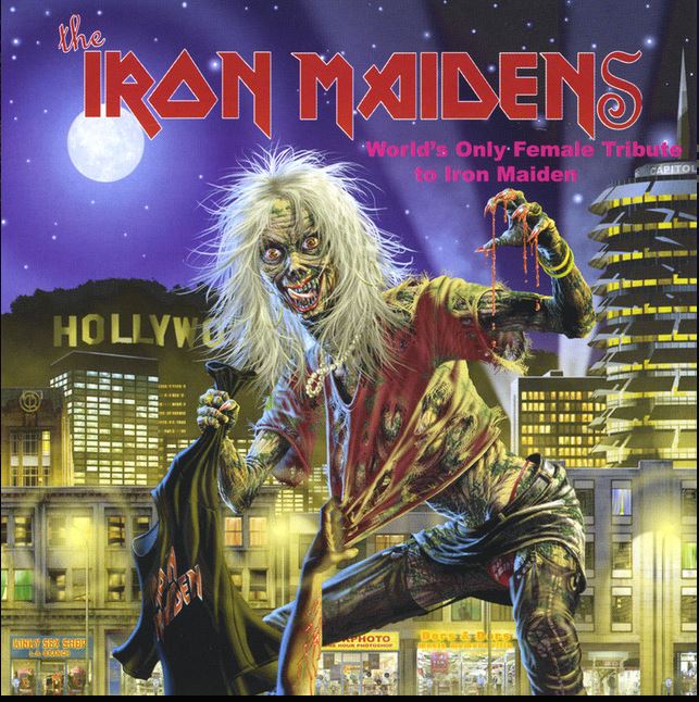 Edwina T Head en la portada del álbum World's Only Female Tribute to Iron Maiden de The Iron Maidens ilustrada por Derek Riggs