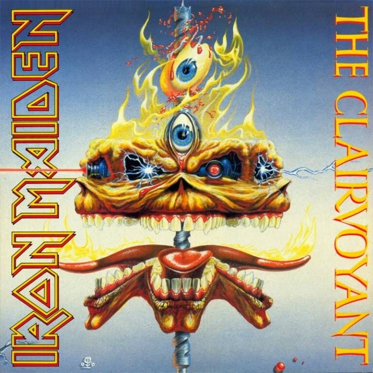 Cabeza fragmentada de Eddie en la portada del single The Clairvoyant (1988) de Iron Maiden.