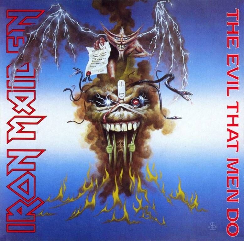 Ilustración de Eddie con una criatura demoníaca en la portada del single The Evil That Men Do (1988) de Iron Maiden.