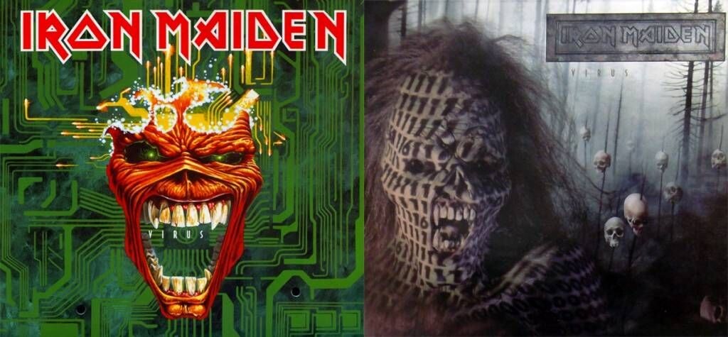 Dos portadas del single Virus (1996) de Iron Maiden con representaciones de Eddie: una digital sobre un circuito y otra en un bosque oscuro lleno de calaveras.
